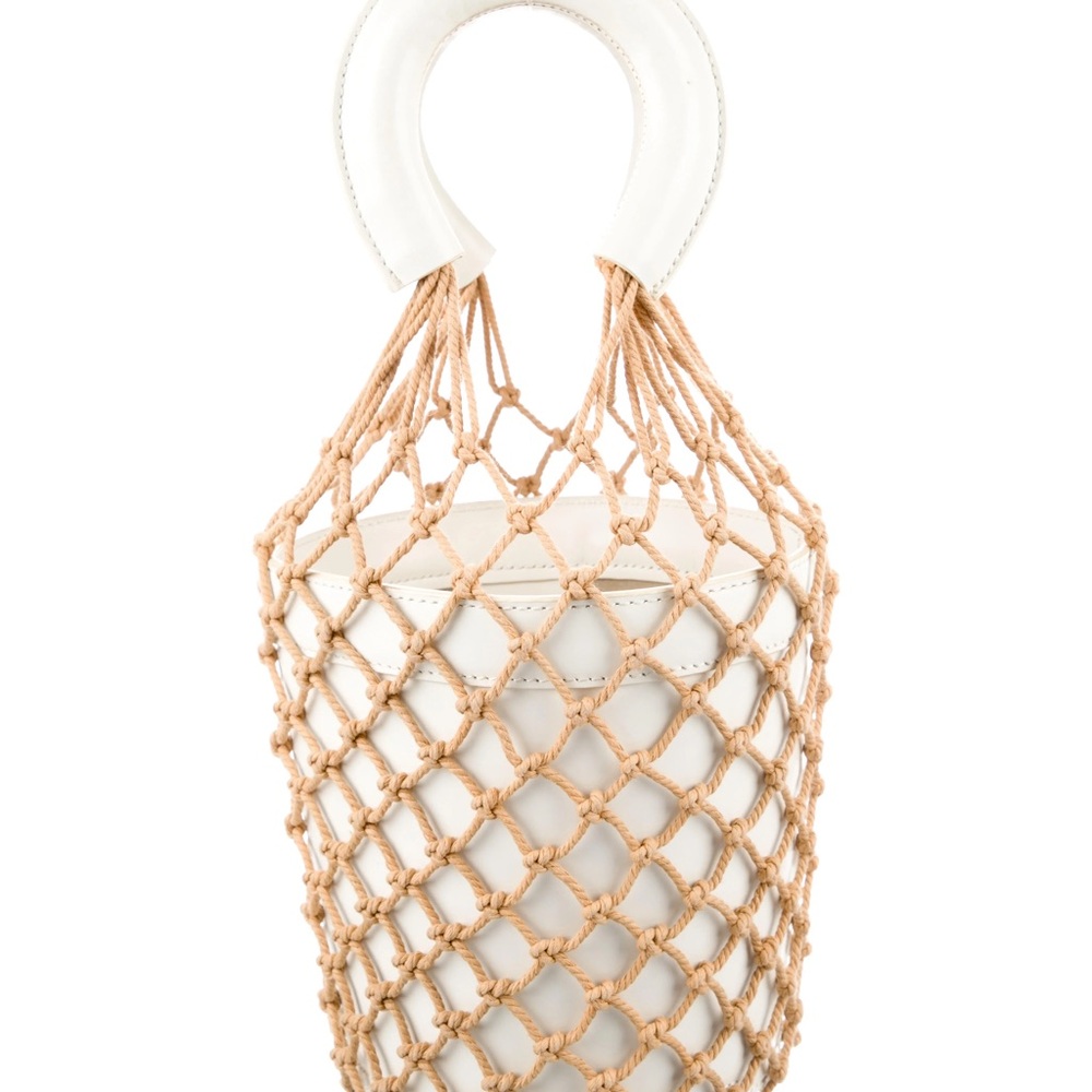 Womens White Leather Bucket Tote with Tan Macram e9 Net